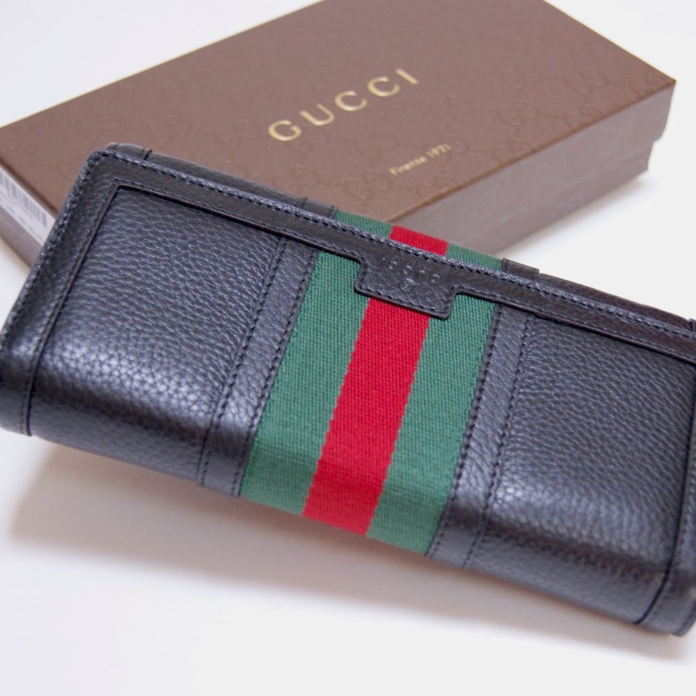 New Gucci Unisex Continental Black Leather WEB Green Red Wallet Purse